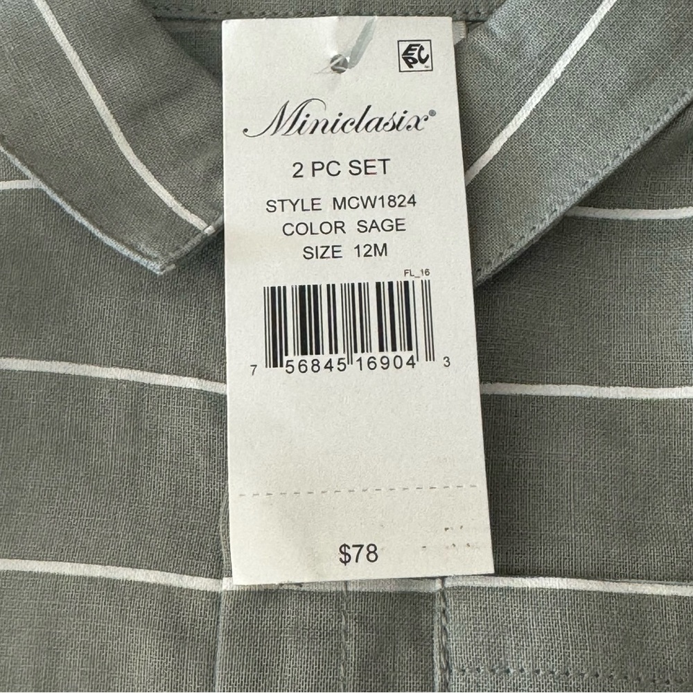 NWT MINICLASIX 2 Piece Woven Striped Shirt and Pant Set Sage Grey Size 12M - Picture 3 of 16